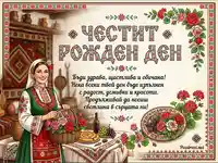 Честит рожден ден картичка с български фолклорни мотиви, усмихната жена в носия и традиционни ястия.