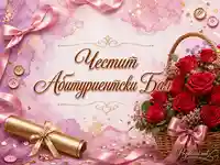 Розова и златна картичка за абитуриентски бал с червени рози и дипломен свитък