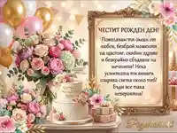 Нежна картичка с рози, торта, балони и красиво пожелание за жена