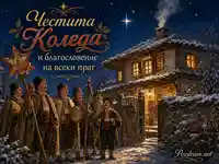 Коледари пред заснежена селска къща под звездно небе