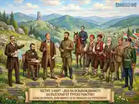 Български герои от Освобождението: Патриотична картина с Васил Левски, Христо Ботев и други, на фона на Шипка.