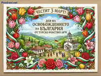 Празнична картичка за 3 март: Ден на Освобождението на България с традиционно село, хоро и трибагреник.