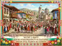 Празник 3 март: Шествие в традиционен български град с носии и знамена. Поклон пред героите на Освобождението.