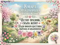 8 март картичка с пролетен пейзаж и пожелание за Международния ден на жената