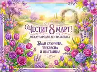Честит 8 Март! Празнична картичка с пролетни цветя и пожелание за Международен ден на жената.