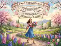 Честит 8 март! Пролетен пейзаж с усмихната жена, букет цветя и празнично послание.