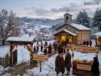 Андреевден в заснежено българско село, и традиционни ястия пред църква.