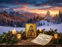 Антоновден: Зимна планинска сцена с църква, икона на Свети Антоний и празнична украса.