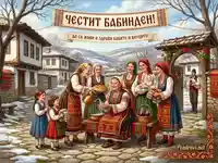 Честит Бабинден: Празник на бабите в традиционно българско село, жени в носии и ритуали.