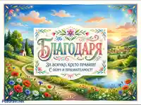 Акварелна благодарствена картичка с живописен пейзаж, цветя и послание за признателност