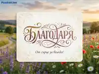 Благодарствена картичка "Благодаря" с елегантен дизайн на фона на лятна поляна със залез.