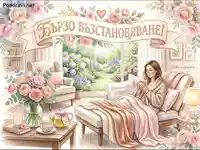 Бързо възстановяване – акварелна картичка с уютна стая, жена с чай и цветна градина.