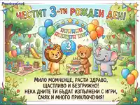 Честит 3-ти рожден ден! Весела картичка с лъв, мече и слонче за момченце.