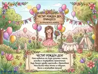 "Честит рожден ден, принцесо!" - Весела картичка с момиче, зайчета, торта и балони в пролетна градина.