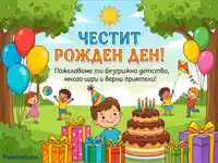 Детска картичка "Честит рожден ден" с играещи деца, торта и подаръци в слънчев парк.