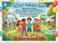 Картичка "Честит рожден ден" с весели деца, балони и торта на открито.