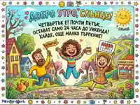 Добро утро, Слънце! Четвъртък е! Позитивна картичка за уикенда с усмихнати хора и кафе.