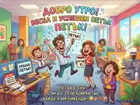 Офис празнува петък: служители посрещат уикенда с радост, кафе и конфети.