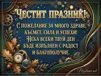 Честит празник картичка с пожелания, златен декор и винтидж елементи
