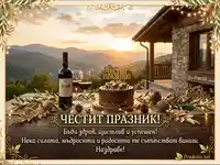 Празнична картичка с вино, торта и планински залез – Честит празник!