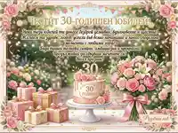 Честит 30-годишен юбилей с торта, цветя и подаръци в градина