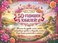 Честит 50-годишен юбилей! Празнична картичка с цветя, пейзаж и сърдечни пожелания.