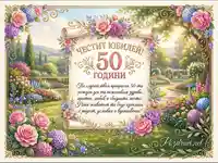Картичка Честит Юбилей 50 Години с градински цветя и пожелание