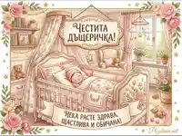 "Честита дъщеричка" - нежна картичка с новородено момиченце в уютна стая.