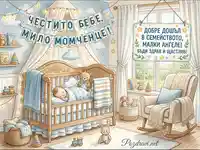 "Честито бебе, мило момченце!" - уютна детска стая с послание за новородено.