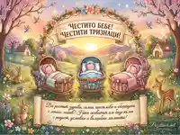 Картичка "Честити тризнаци" с бебета, зайчета и еленче в пролетна гора.