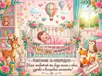 Поздравителна картичка за новородено момиченце: усмихнато бебе, сладки животни и топло пожелание.