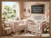 Празнична детска стая за близначки с розови креватчета и поздравления.