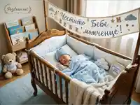 Спящо новородено момченце в уютна кошара, заобиколено от празнични декорации за посрещане.