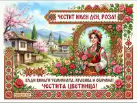 Честит имен ден Роза, Честита Цветница. Българска картичка с момиче в носия, рози и пролетен пейзаж.