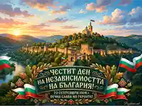 Тържествена картичка за 22 септември: Царевец, български знамена и залез.