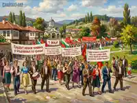 Празнично шествие за 1 май в българско селище, в стил социалистически реализъм.