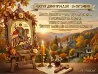 Поздравителна картичка за Димитровден с икона на Свети Димитър и есенен манастирски пейзаж.