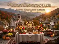 Празнична сцена за Димитровден с църква, есенен пейзаж и традиционна трапеза на 26 октомври.