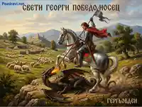 Свети Георги Победоносец на Гергьовден: Рицар на бял кон пронизва дракон в пасторален пейзаж.