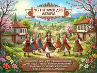 Празнична картичка за Лазаровден: момичета в носии сред пролетен български пейзаж.