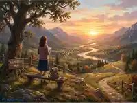 Жена съзерцава есенен залез над долина с река и планини, докато чете до табела 'Липсваш ми!'.