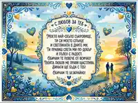 Романтична акварелна картичка с любовно послание и влюбена двойка на залез