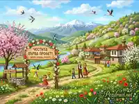 Честита Първа Пролет: Българска картичка с цъфтяща природа, село и семейство в народни носии.