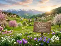 Честита Първа Пролет! Красив планински пейзаж с цъфтящи дървета и цветя, поздрав за 20-21 март.