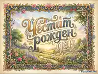 "Честит рожден ден" картичка с живописен пейзаж и орнаментирана рамка.