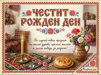 Честит рожден ден с български традиционни мотиви, погача, свещ и букет цветя.