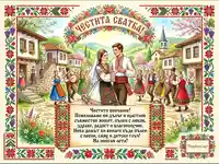 "Честита сватба" картичка с български фолклорни мотиви, традиционни носии и празнуващи хора в село.
