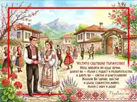 Честито сватбено тържество: Българска картичка с народни носии, село и фолклор.