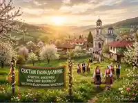 Великденско утро в българско село: хора в носии, църква и цъфтяща природа.