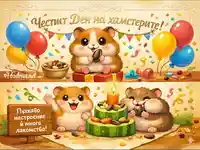 Весела двусценна илюстрация за Деня на хамстерите с пухкави герои, лакомства и празнично настроение